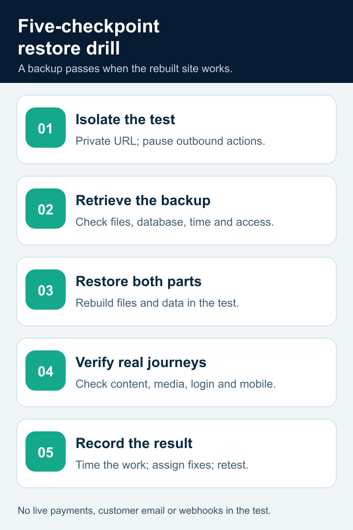 Five-checkpoint WordPress restore drill: isolate, retrieve, restore, verify and record